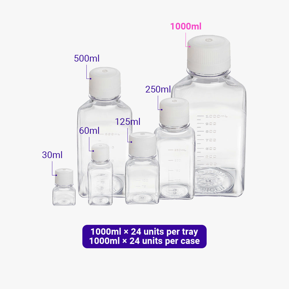 1000 mL Sterile Media Bottle, TC Treated, Neck Inner Diameter 28.6 mm, Outer Diameter 92 mm (Square)