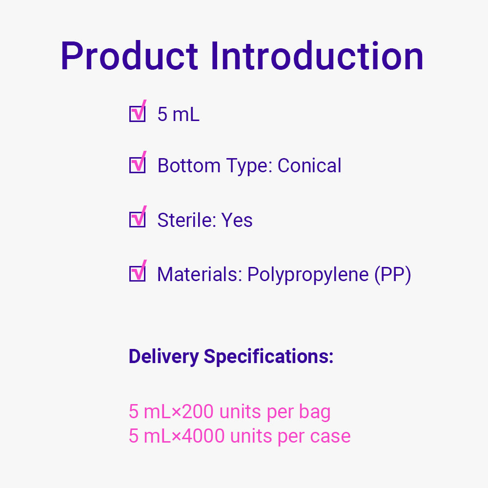 Micro Centrifuge Tubes, 5.0 mL, Rose Red, Conical, DNAse&RNAse Free, Non-Pyrogenic, Sterile, 4000piece(s)/case