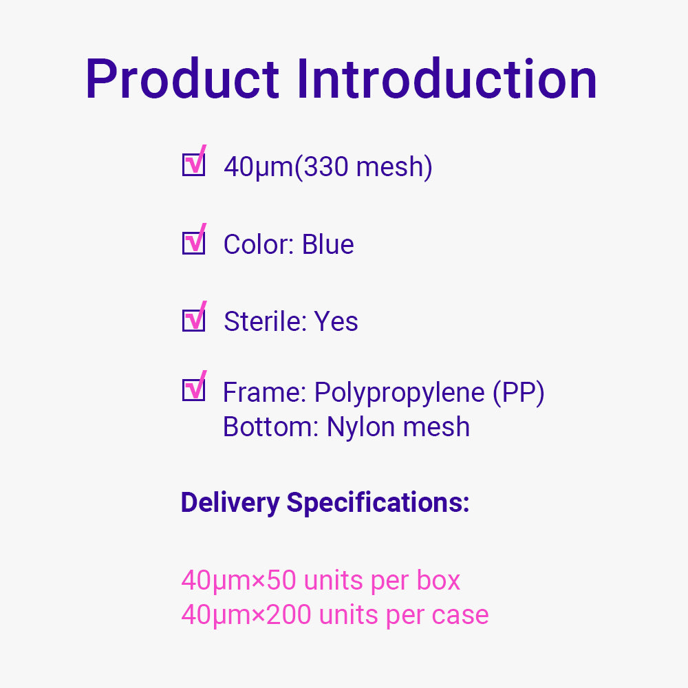 Cell Strainers, 40 μm pore size, Blue frame, Individual Package, Sterile, 200piece(s)/case