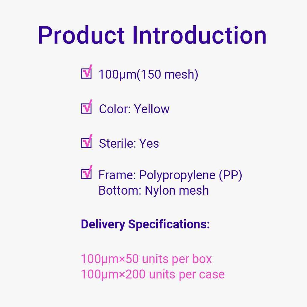 Cell Strainers, 100 μm, Suitable for 225/250 mL centrifugal bottle, Yellow, Sterilized, Single package (blister box), 50 PCS/box,  200piece(s)/case