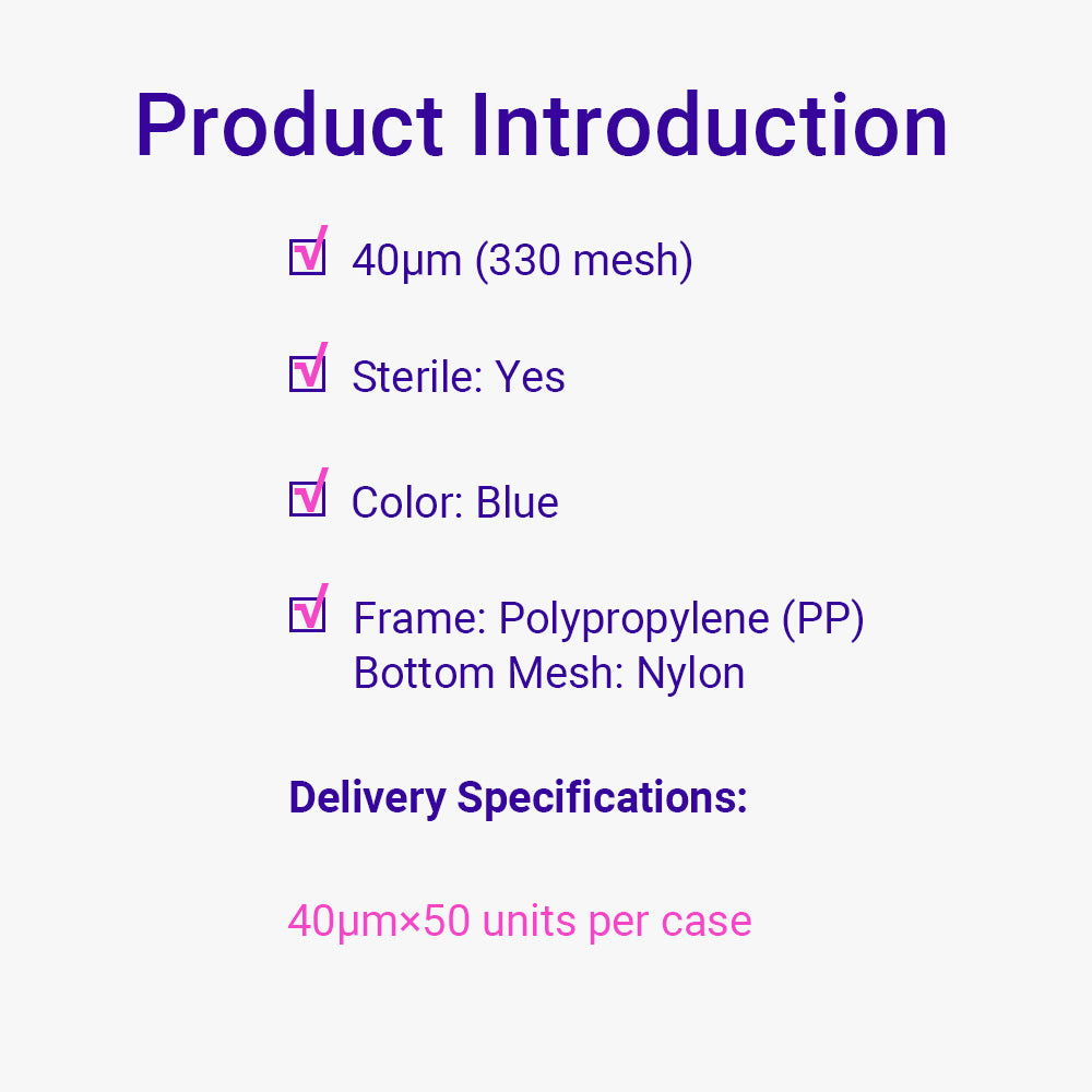 Cell Strainers, 40 μm pore size, Blue frame, Individual Package, Sterile, 50piece(s)/case