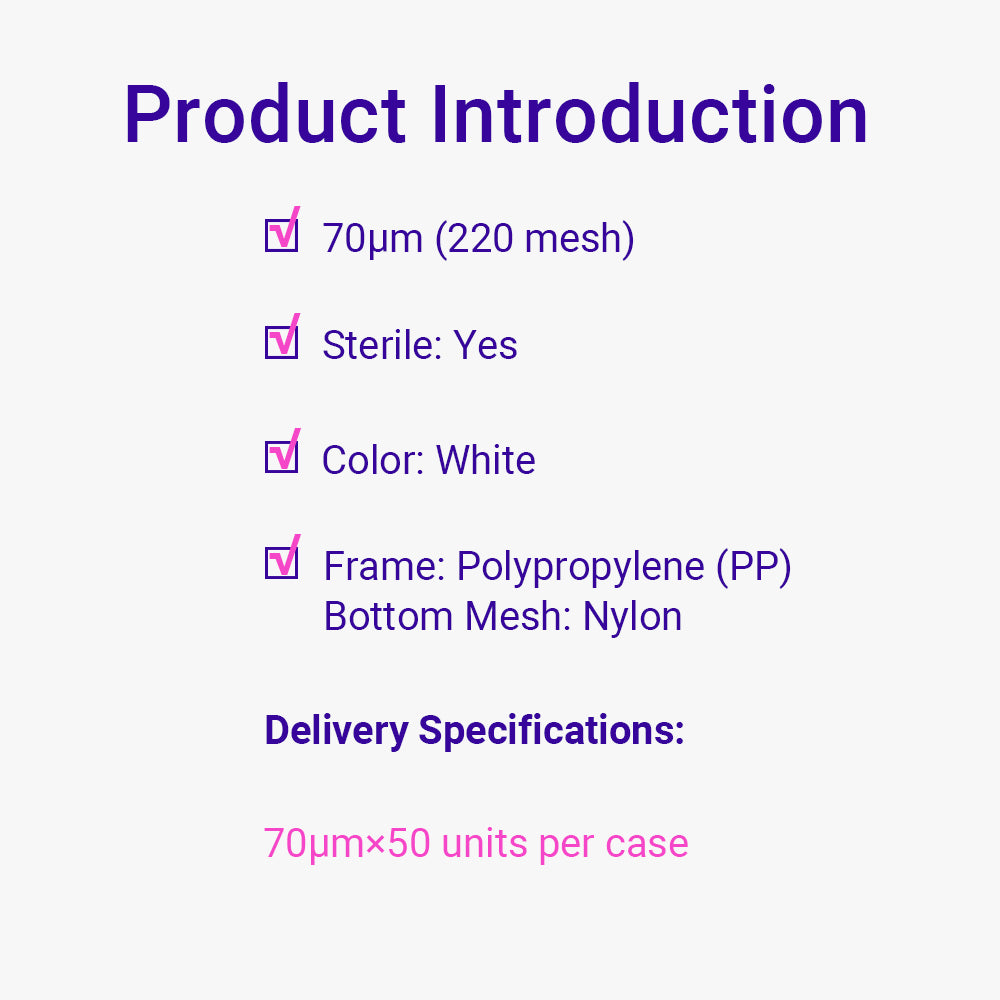 Cell Strainers, 70 μm pore size,White frame,Individual Package, Sterile, 50piece(s)/case