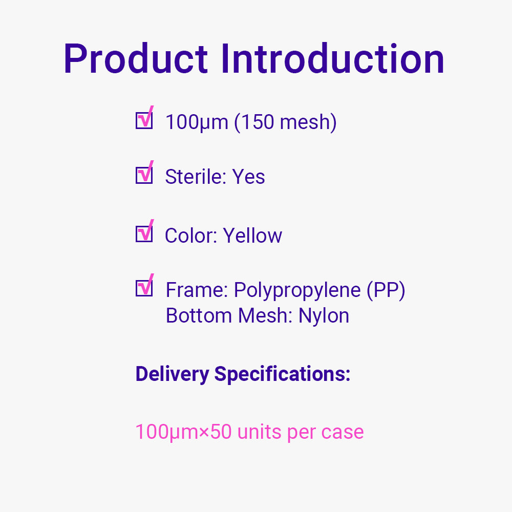 Cell Strainers, 100 μm pore size, Yellow frame, Individual Package, Sterile, 50piece(s)/case