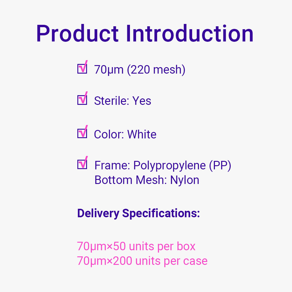 Cell Strainers, 70 μm pore size, White frame, Individual Package, Sterile, 200piece(s)/case