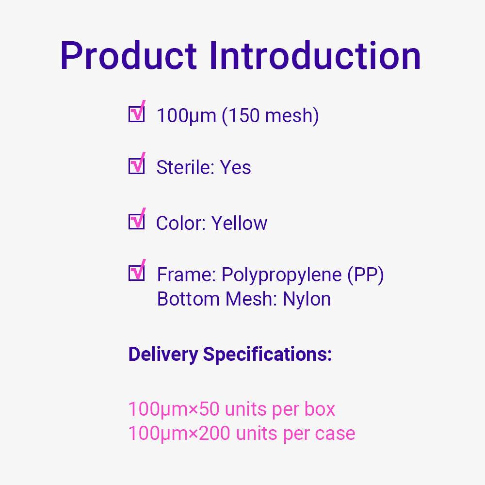 Cell Strainers, 100 μm pore size, Yellow frame, Individual Package, Sterile, 200piece(s)/case