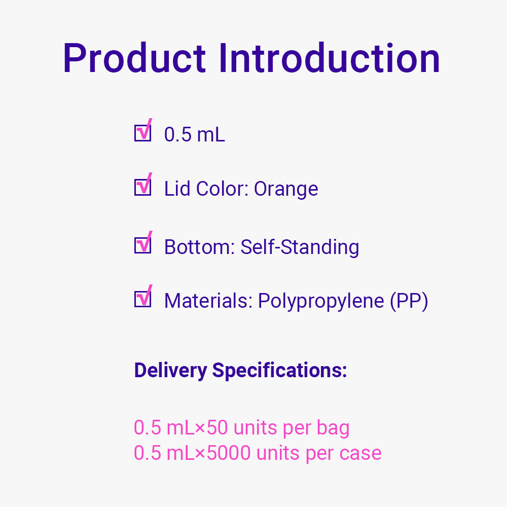 Freezing Vials, 0.5 mL, Self-standing, Orange, Flat cap, bag packing way, Sterile, DNAse&RNAse free, Non-Pyrogenic, 5000piece(s)/case
