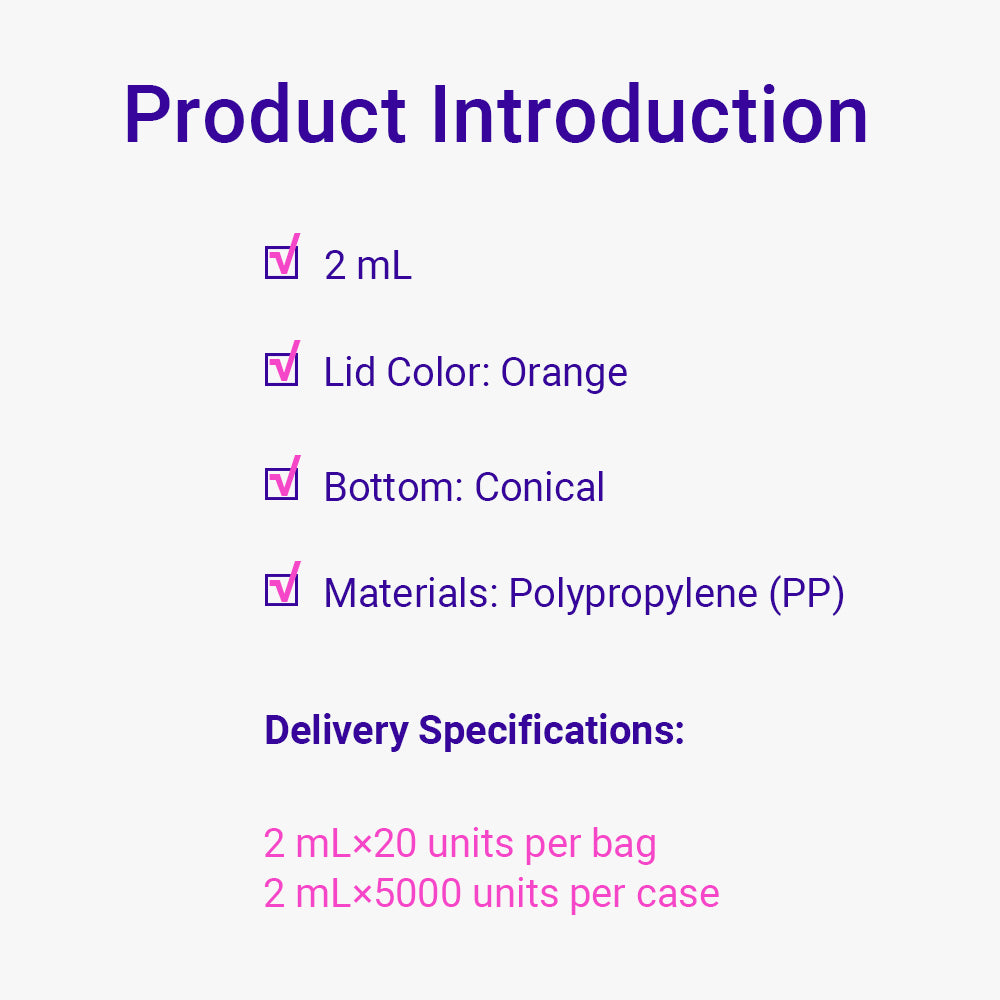 Freezing Vials, 2.0 mL, Conical, Orange, Flat cap, bag packing way, non-Sterile, DNAse&RNAse free, Non-Pyrogenic, 5000piece(s)/case