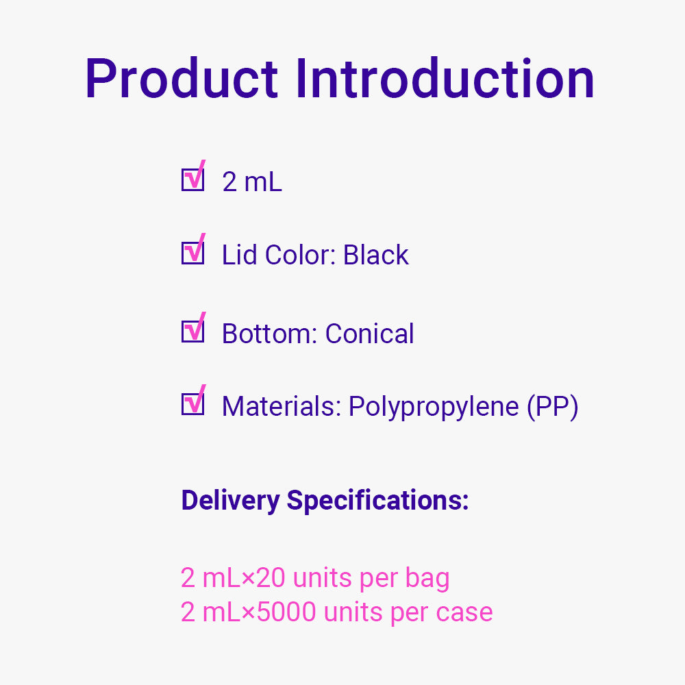 Freezing Vials, 2.0 mL, Conical, Black, Flat cap, bag packing way, non-Sterile, DNAse&RNAse free, Non-Pyrogenic, 5000piece(s)/case