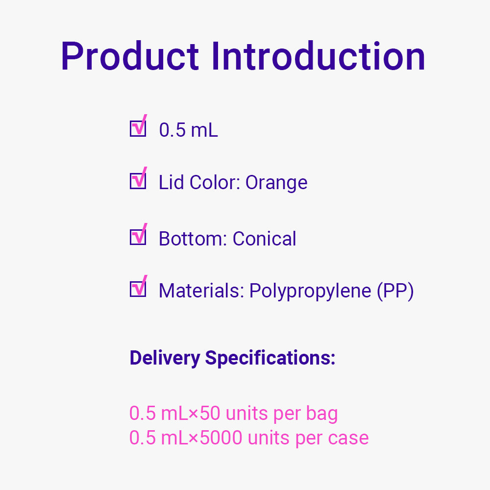 Freezing Vials, 0.5 mL, Conical, Orange, Flat cap, bag packing way, Sterile, DNAse&RNAse free, Non-Pyrogenic, 5000piece(s)/case