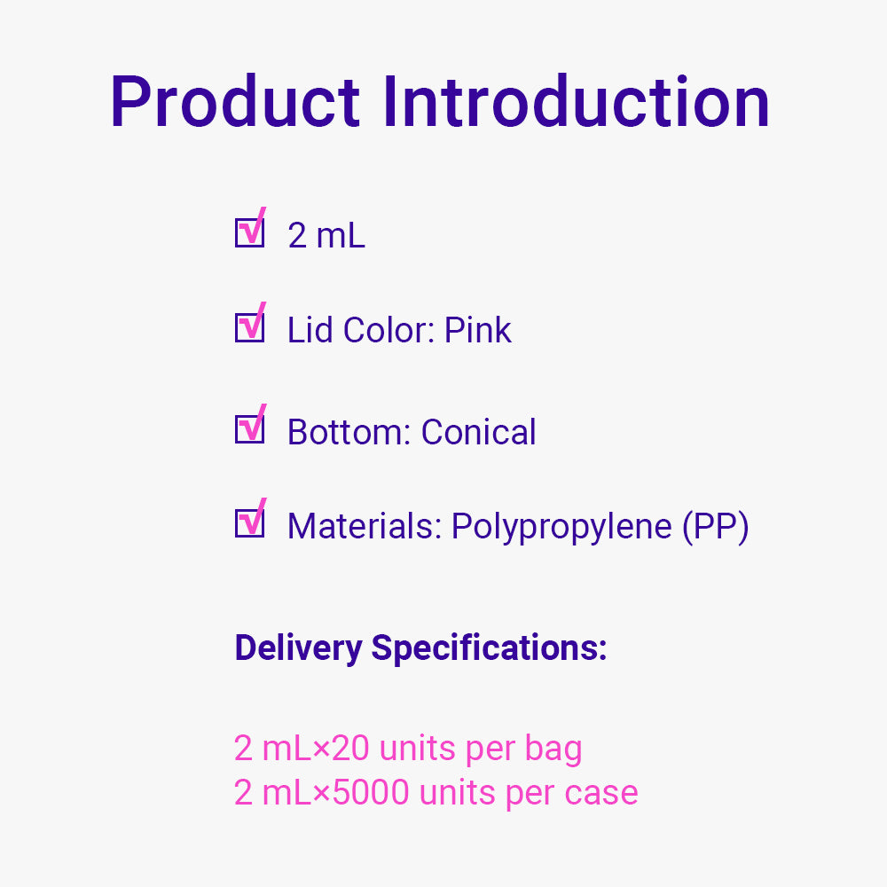 Freezing Vials, 2.0 mL, Conical, Pink, Flat cap, bag packing way, Sterile, DNAse&RNAse free, Non-Pyrogenic, 5000piece(s)/case