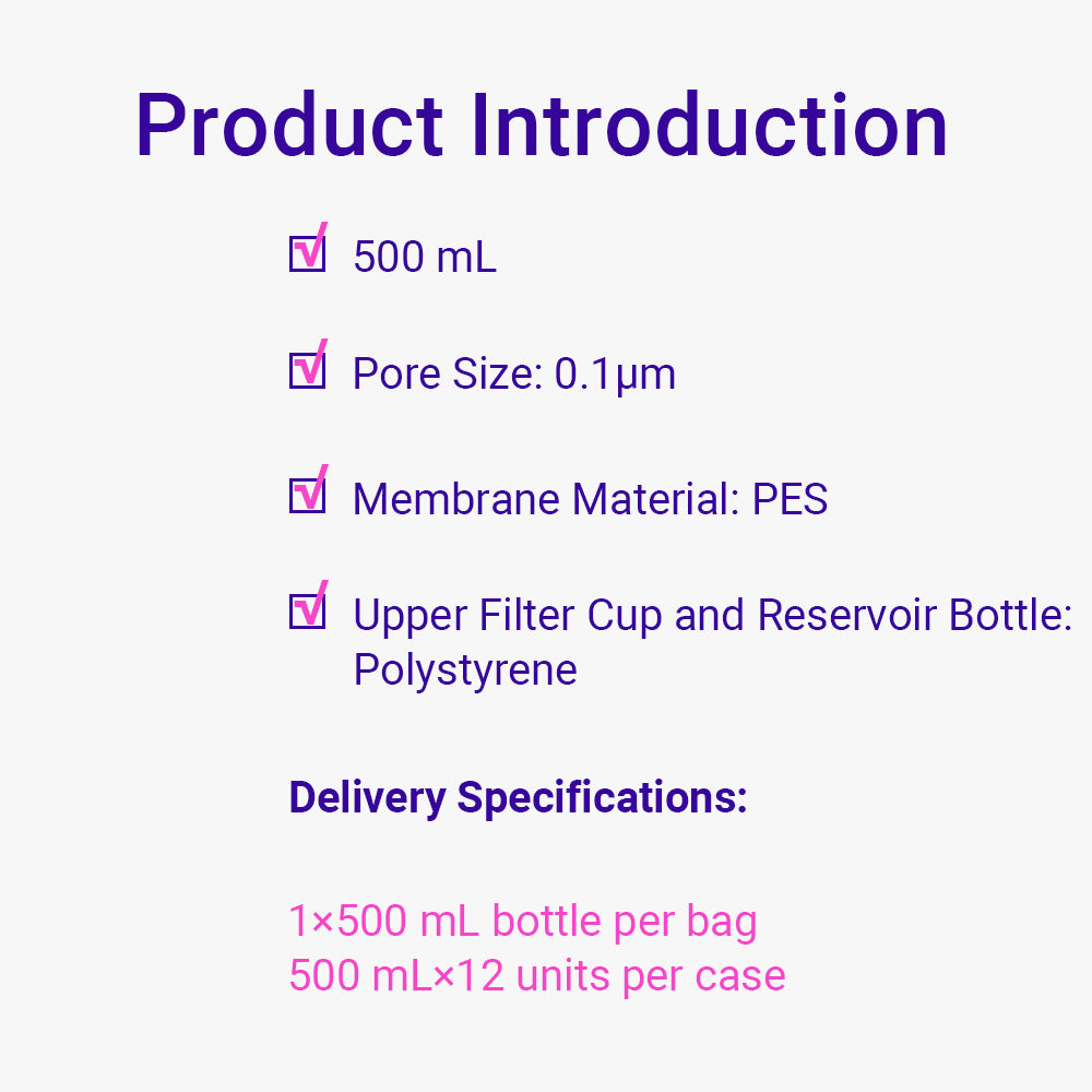 Vacuum Filtration, 0.1 μm, 500 mL, PES membrane，Membrane diameter 75 mm, Sterile, 12piece(s)/case
