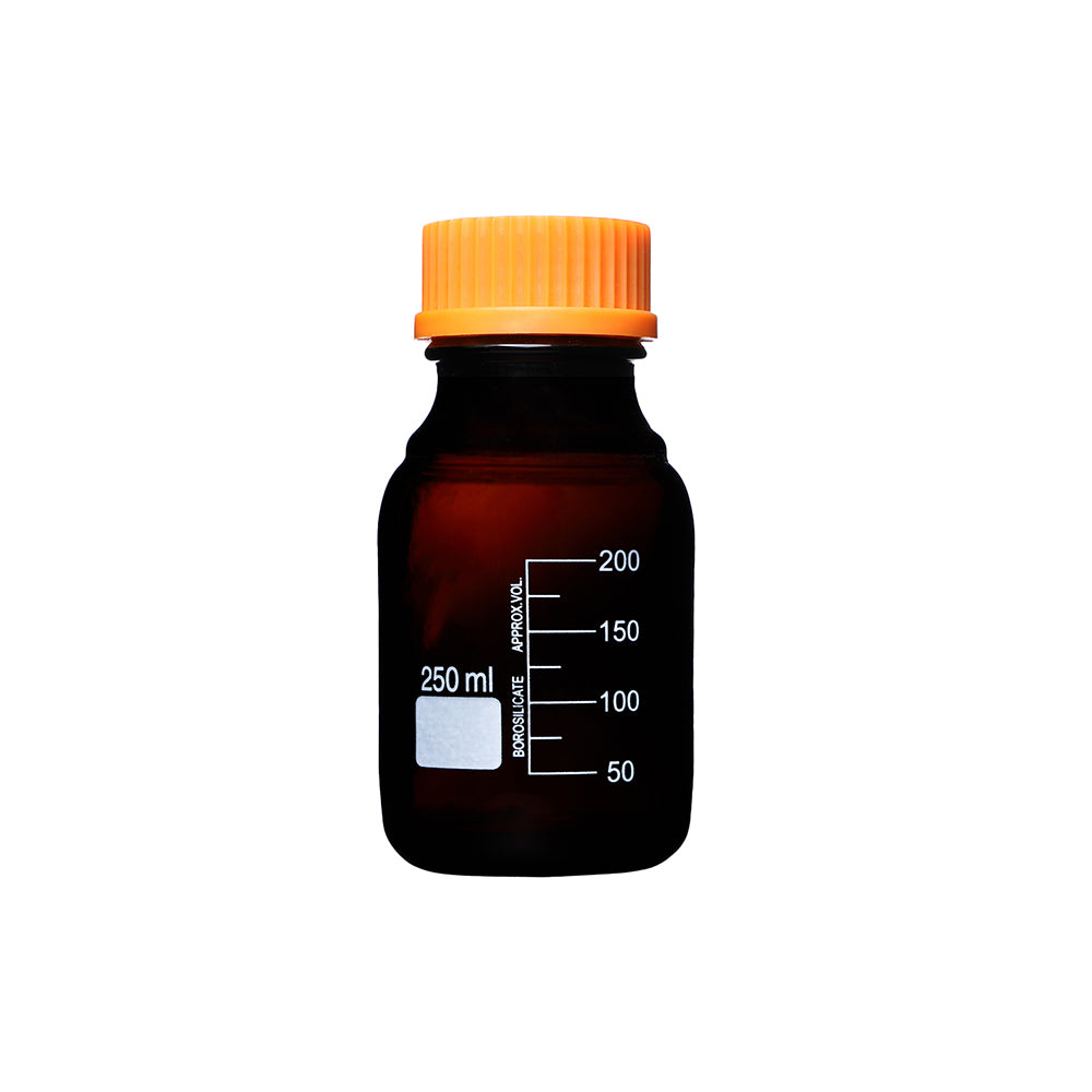 Reagent Bottle, Amber Glass, GL45 Yellow Screw Cap, Graduated, 20000mL, Thread OD 45mm, OD 288mm, H 505mm, 2 pcs/case