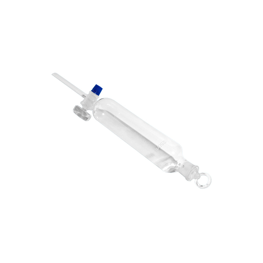 Separatory Funnel, Cylindrical Shape, with Glass/Plastic Stopper and Glass Stopcock, 250mL, Bottom OD 9×105mm, Bottle OD 50mm, Ground Mouth 19/17mm, L 360mm, 32 pcs/case
