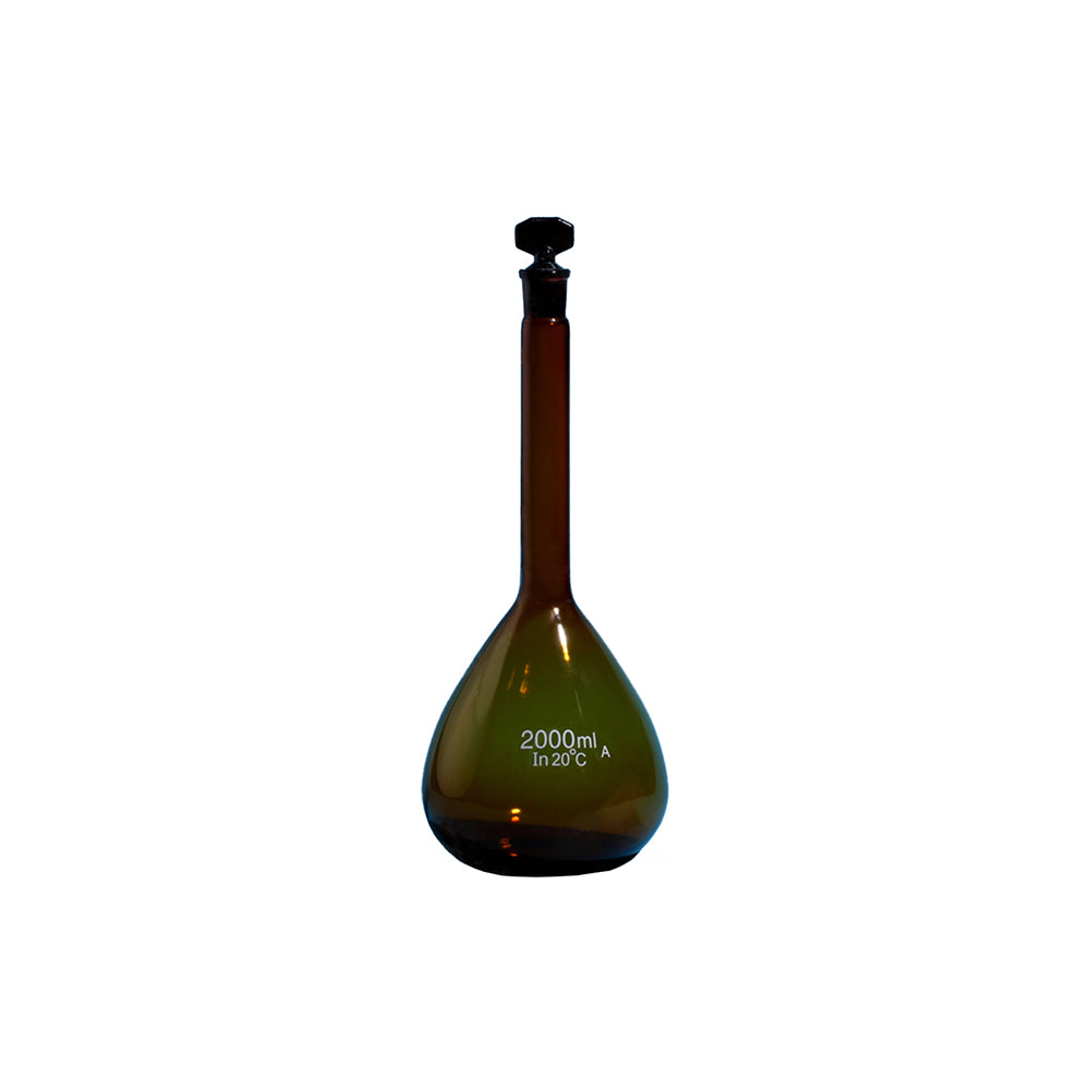 Volumetric Flask, Amber Glass, Class A, with Ground Glass Stopper, 5000mL, Tol ±1.2mL, Neck OD 42mm, Ground Mouth 29/32mm, Bottle OD 215mm, H 465mm, 4 pcs/case