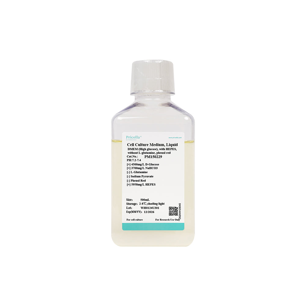 DMEM (hoher Glukosegehalt), mit HEPES, ohne L-Glutamin, Natriumpyruvat, Phenolrot, 500 ml