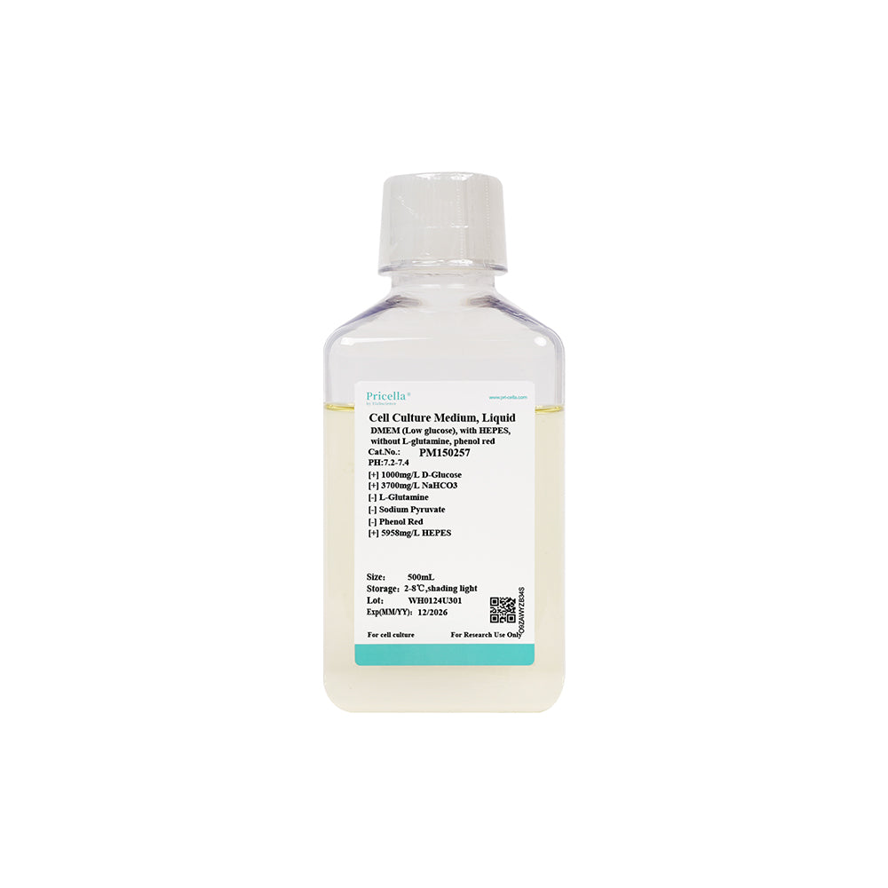 DMEM (niedriger Glukosegehalt), mit HEPES, ohne L-Glutamin, Natriumpyruvat, Phenolrot, 500 ml