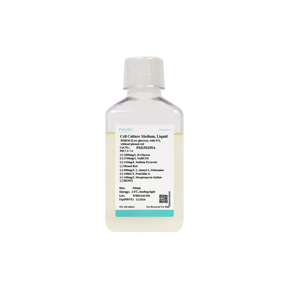 DMEM (niedriger Glukosegehalt), mit L-Alanyl-L-Glutamin, P/S, ohne Phenolrot, 500 ml