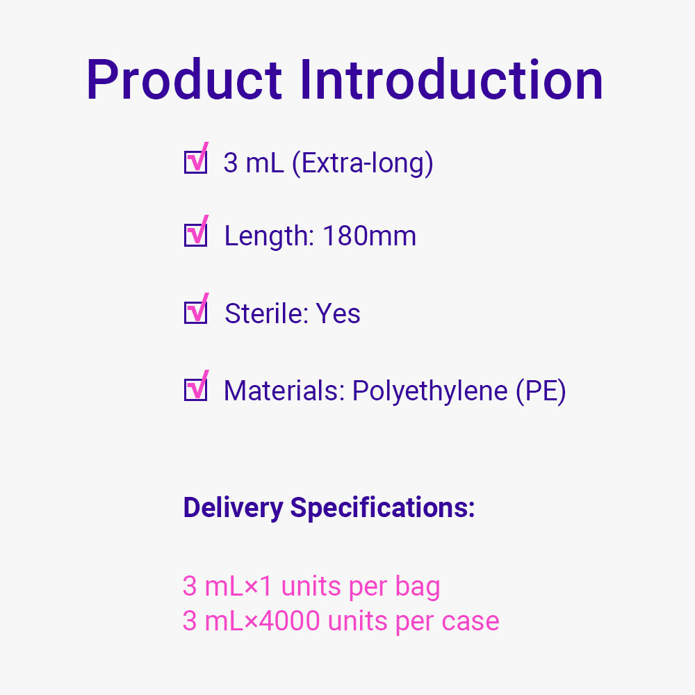 Transfer Pipets, 3.0 mL, Length 180 mm, Individually plastic bag packing, Sterile, 25piece(s)/bag, 4000piece(s)/case
