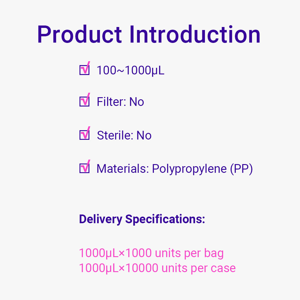 Pipette Micro Tips, 100～1000µl, Blue, bag packing way, DNAse&RNAse Free, non-Sterile