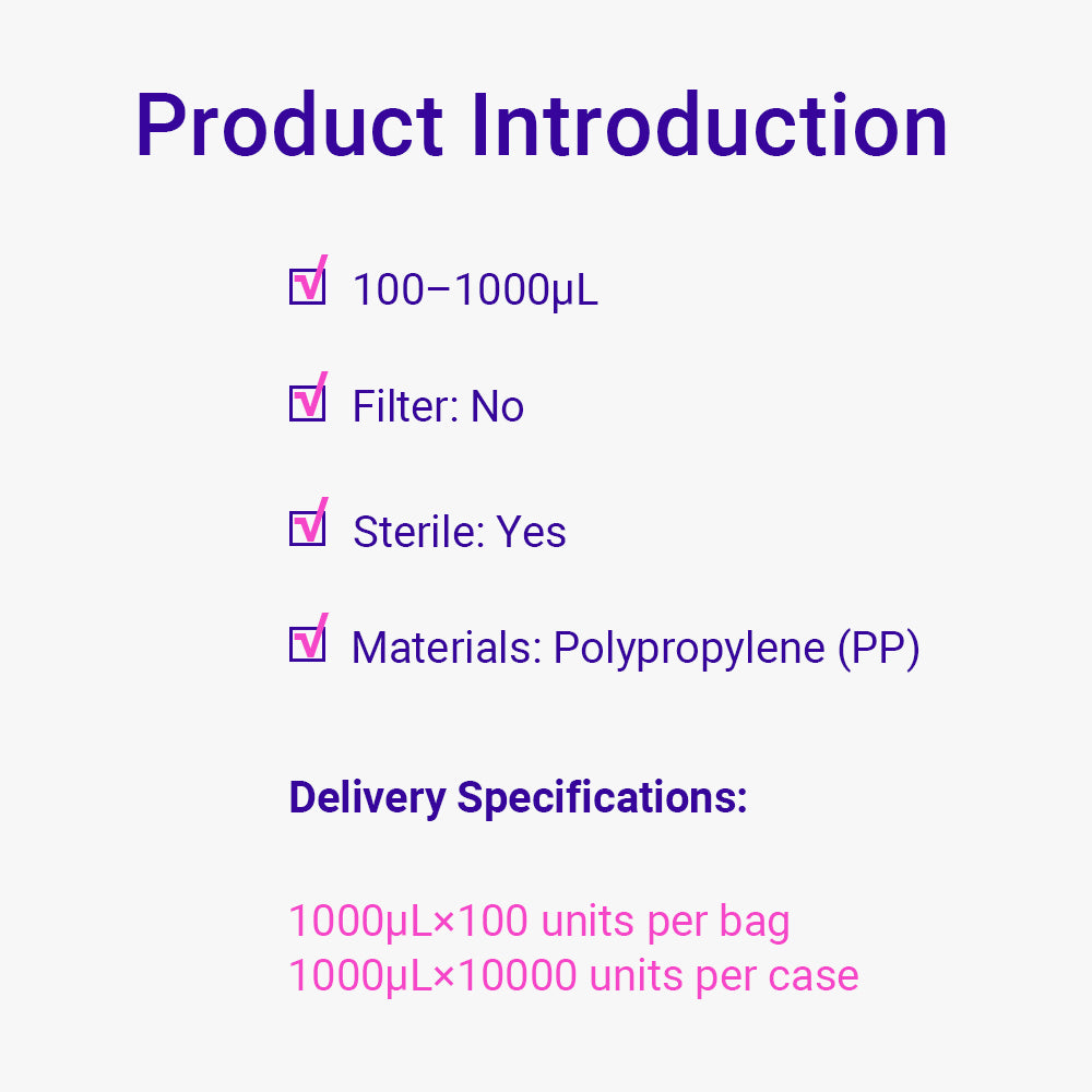 Pipette Micro Tips, 100～1000 μl, Blue, bag packing way, DNAse&RNAse Free, Sterile, 10000piece(s)/case