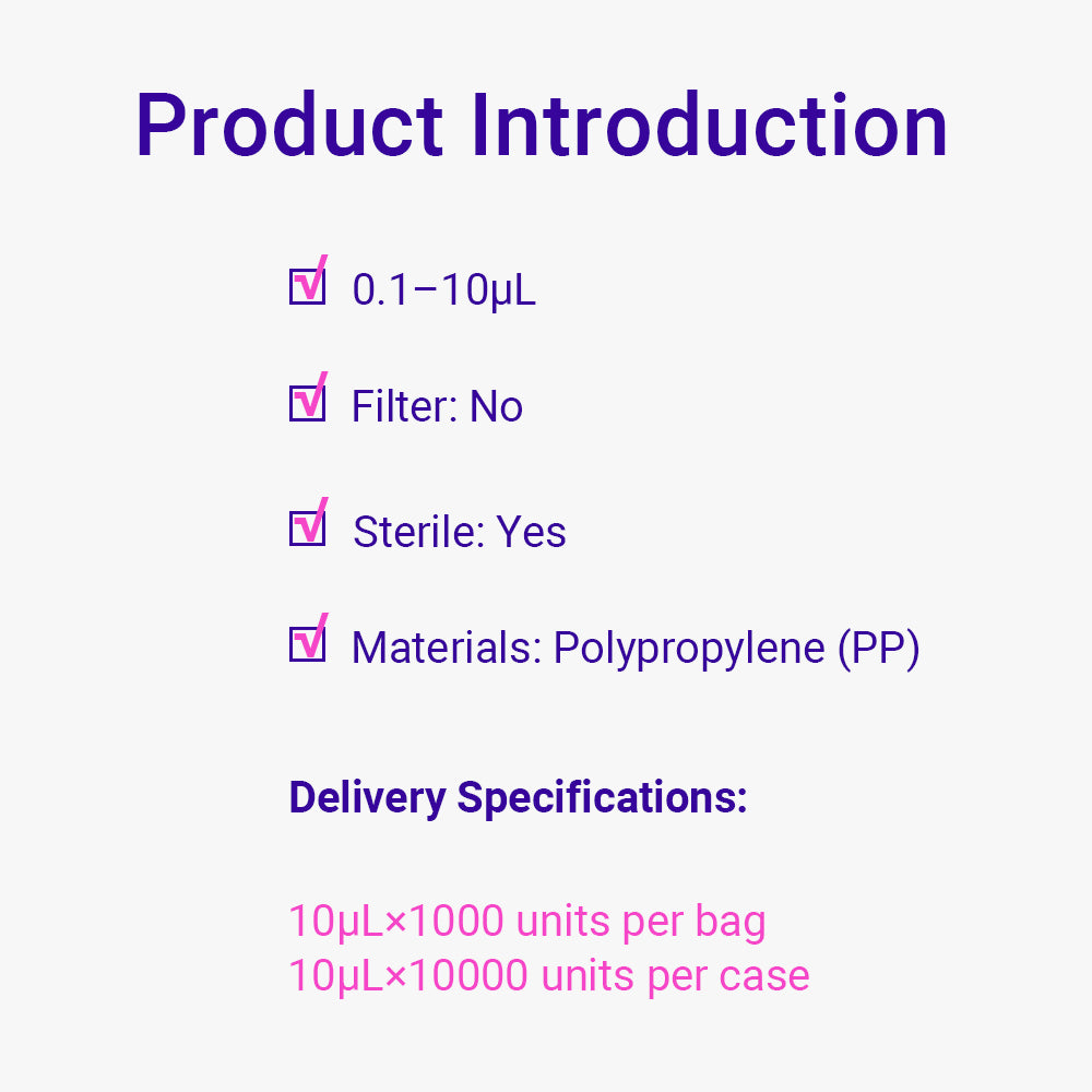 0.1-10 μl Natural Color Pipet Micro Tips, Long Tips, DNase/RNase-Free, Sterile, Re-sealable Bag