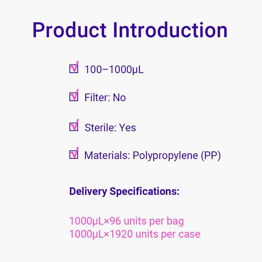 Pipette Micro Tips, 100～1000 μl, Blue, Small bag packing way, DNAse&RNAse Free, Non-pyrogenic Sterile, 1920piece(s)/case