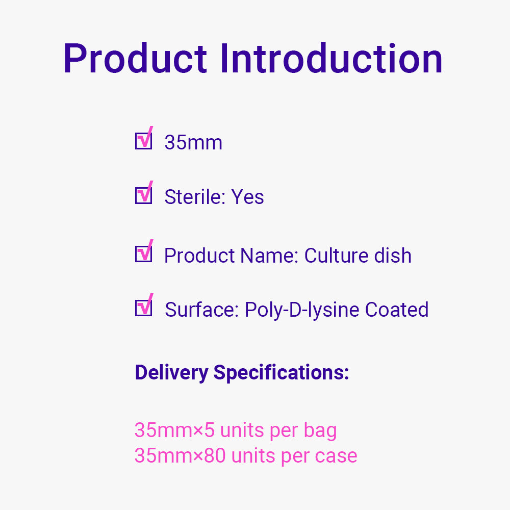 Poly-Lysine Surface Petri Dish, 3.5 cm, polylysine, surface treatment, No DNA/RNA, No pyrogen, Sterilized, 80piece(s)/case